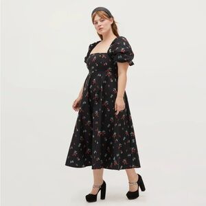 Hill House Matilda Nap Midi Dress Sz XXL Black Ikat Floral Taffeta Empire Waist